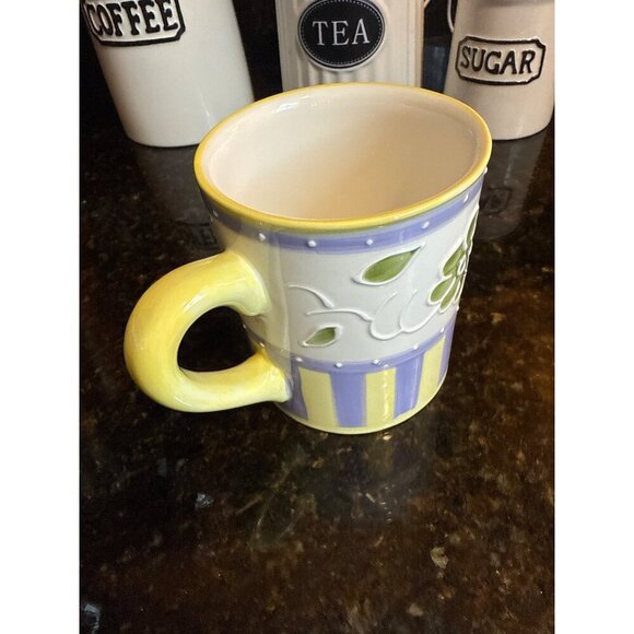 Hand-Painted Floral Ceramic Mug Yellow & Purple Stripes With Green Flower Design - Picture 5 of 5